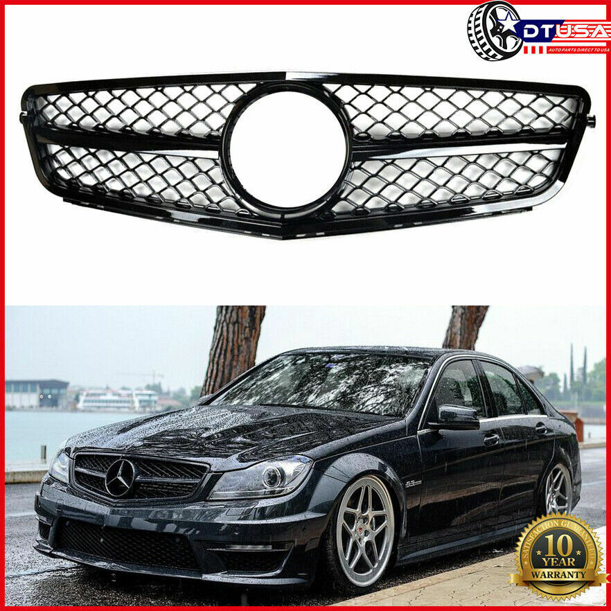 Shiny Black C63 AMG Mesh Grill Grille for Mercedes-Benz W204 C300 C350 2007-2014