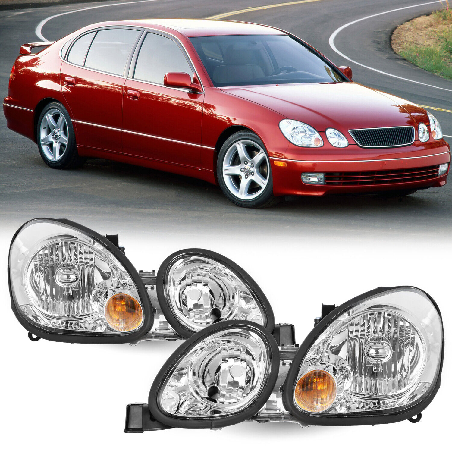 For 1998-2005 Lexus GS300 GS400 GS430 Halogen Projector Chrome Headlights pairs