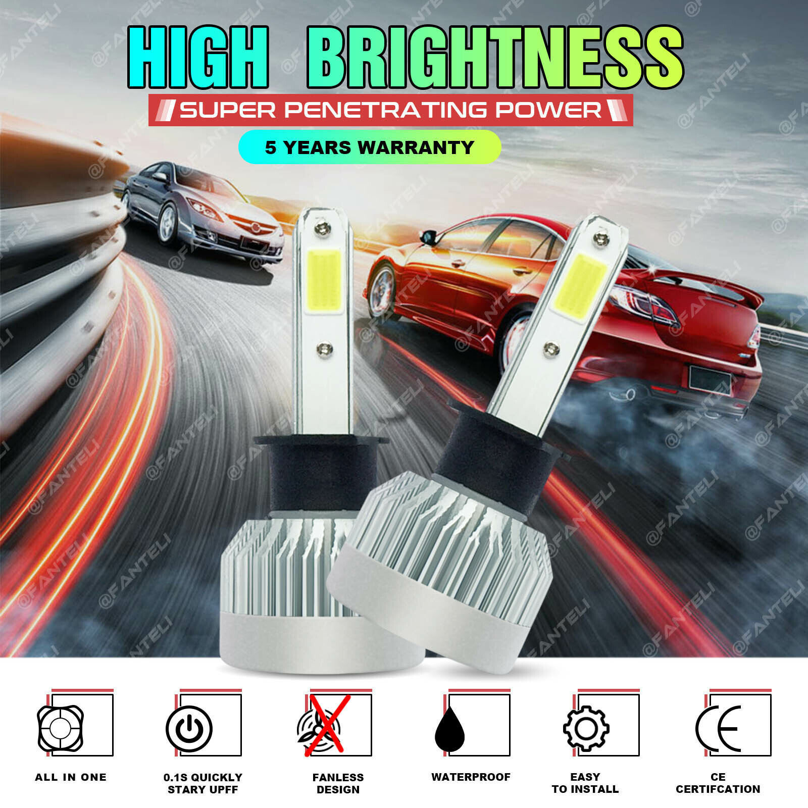 H1 1855W 278250LM White CREE LED Car Headlight High Low Beam Conversion Bulbs 6K
