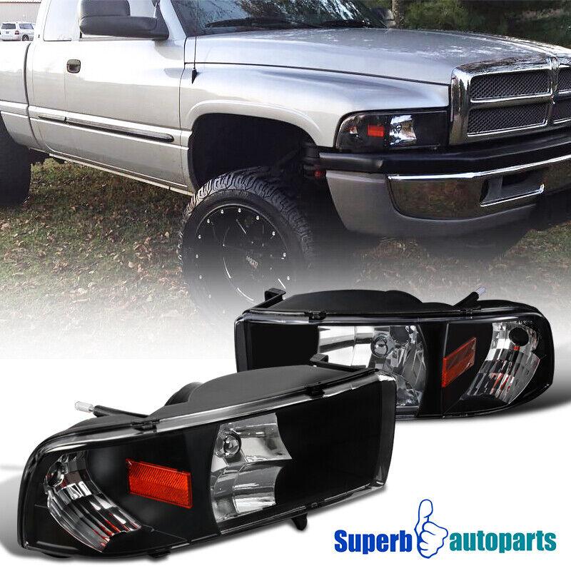 For 1994-2001 Dodge Ram 1500/2500/3500 1PC Headlights Black Lamps Replacement