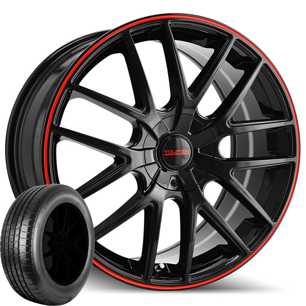 (Set of 4) Touren TR60 16x7 5x112/5x120 Black/Red Rims w/205/55R16 Kenda Tires