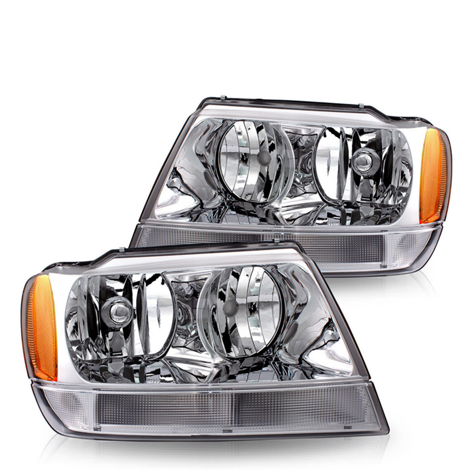 Fit For 1999-2004 Jeep Grand Cherokee Headlamps Pair Chrome Headlights Assembly