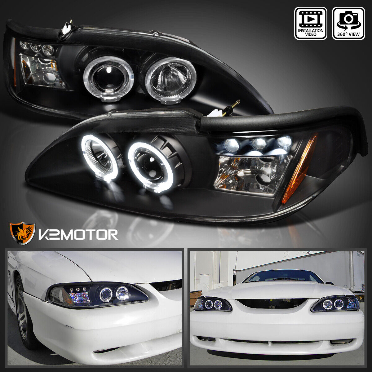 Black Fits 1994-1998 Ford Mustang Cobra LED Halo Projector Headlights Left+Right