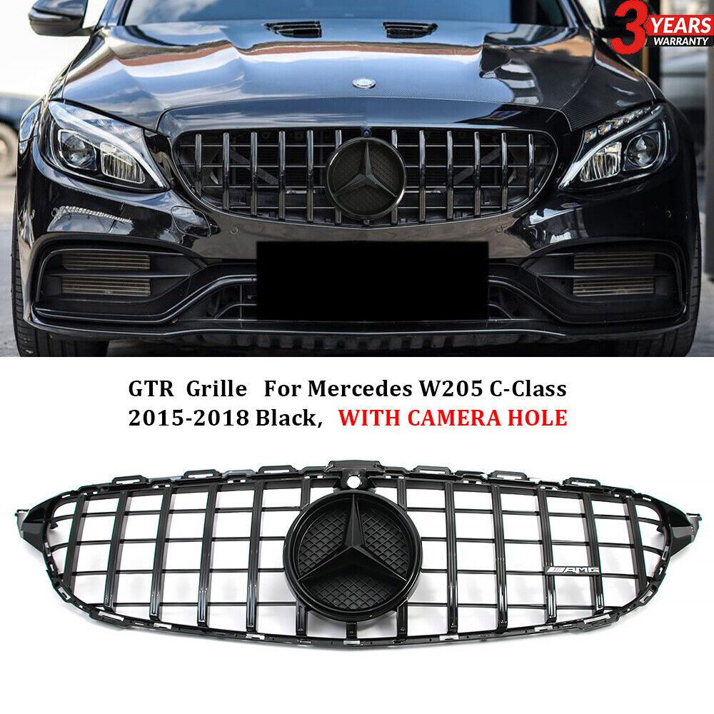 Black GTR Style Grille W/Emblem For Mercedes Benz C-Class W205 2015-2018 C350