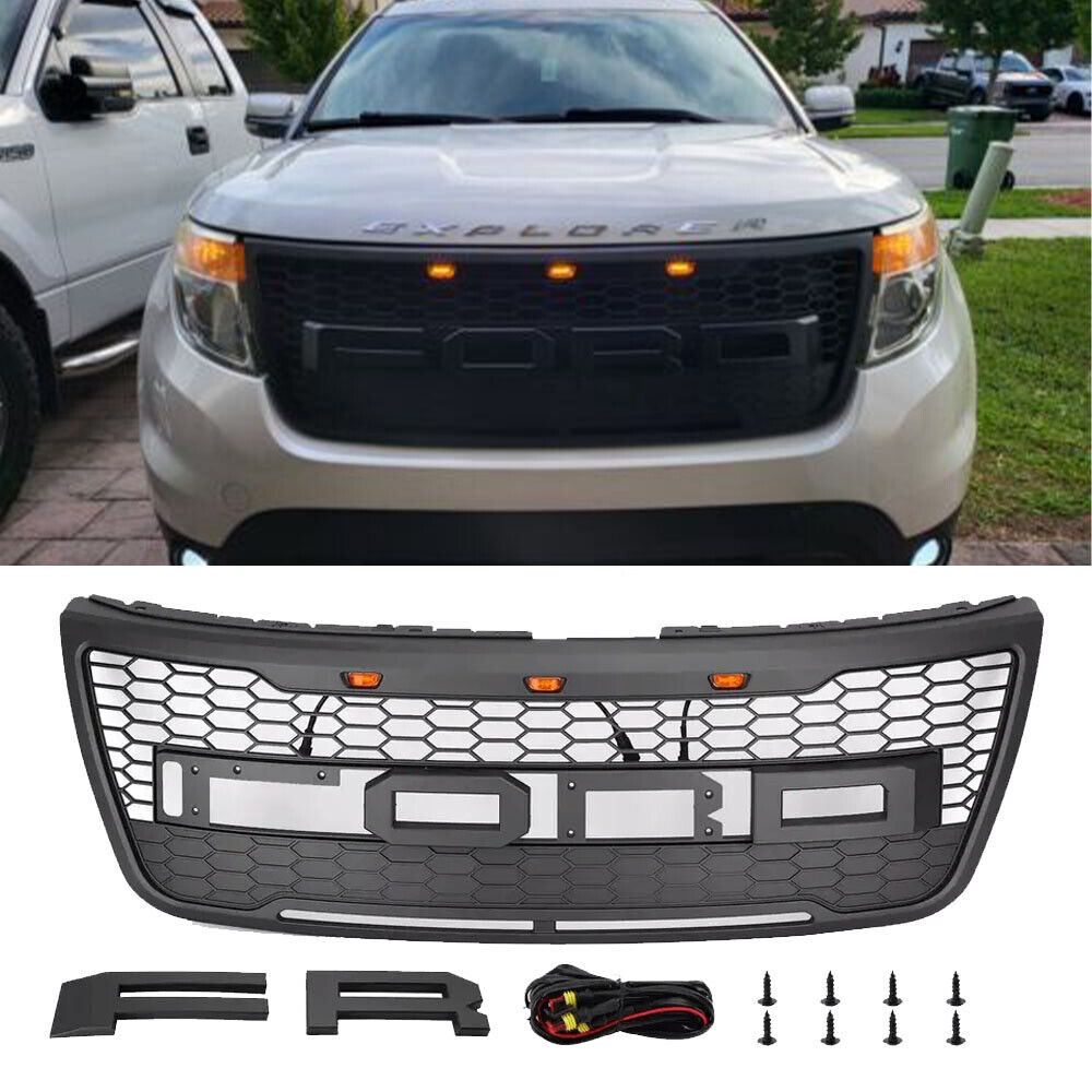 For 2012-2015 Ford Explorer Grill Front Bumper Upper&Lower Grille w/Letters LED