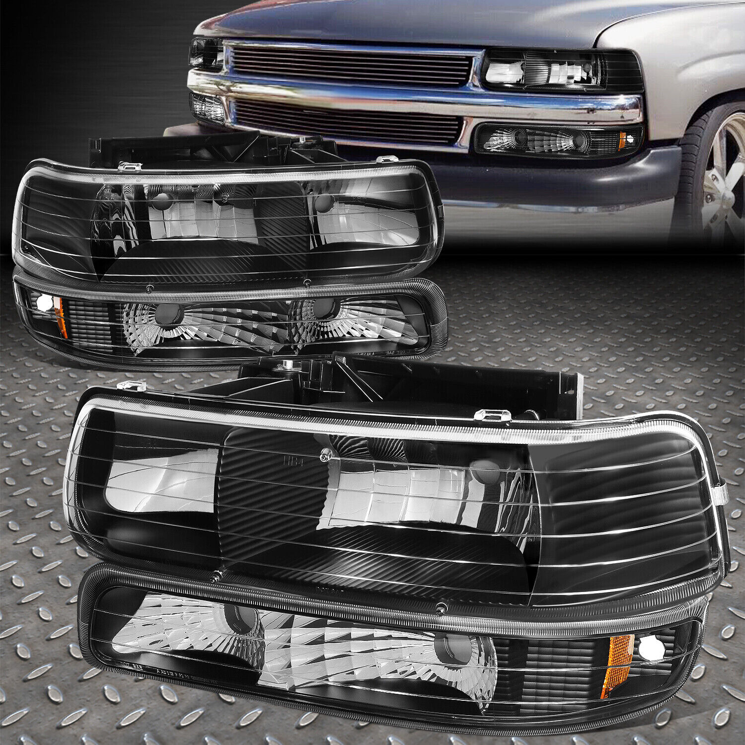 For 99-06 Chevy Silverado Suburban Tahoe Headlight Bumper Lamps Black/Amber