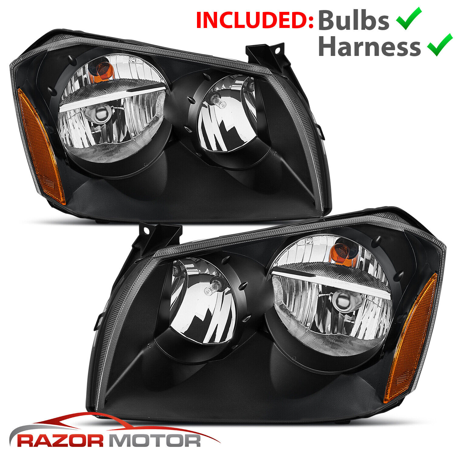 2005-2007 Replacement Driver + Passenger Black Headlights Pair For Dodge Magnum