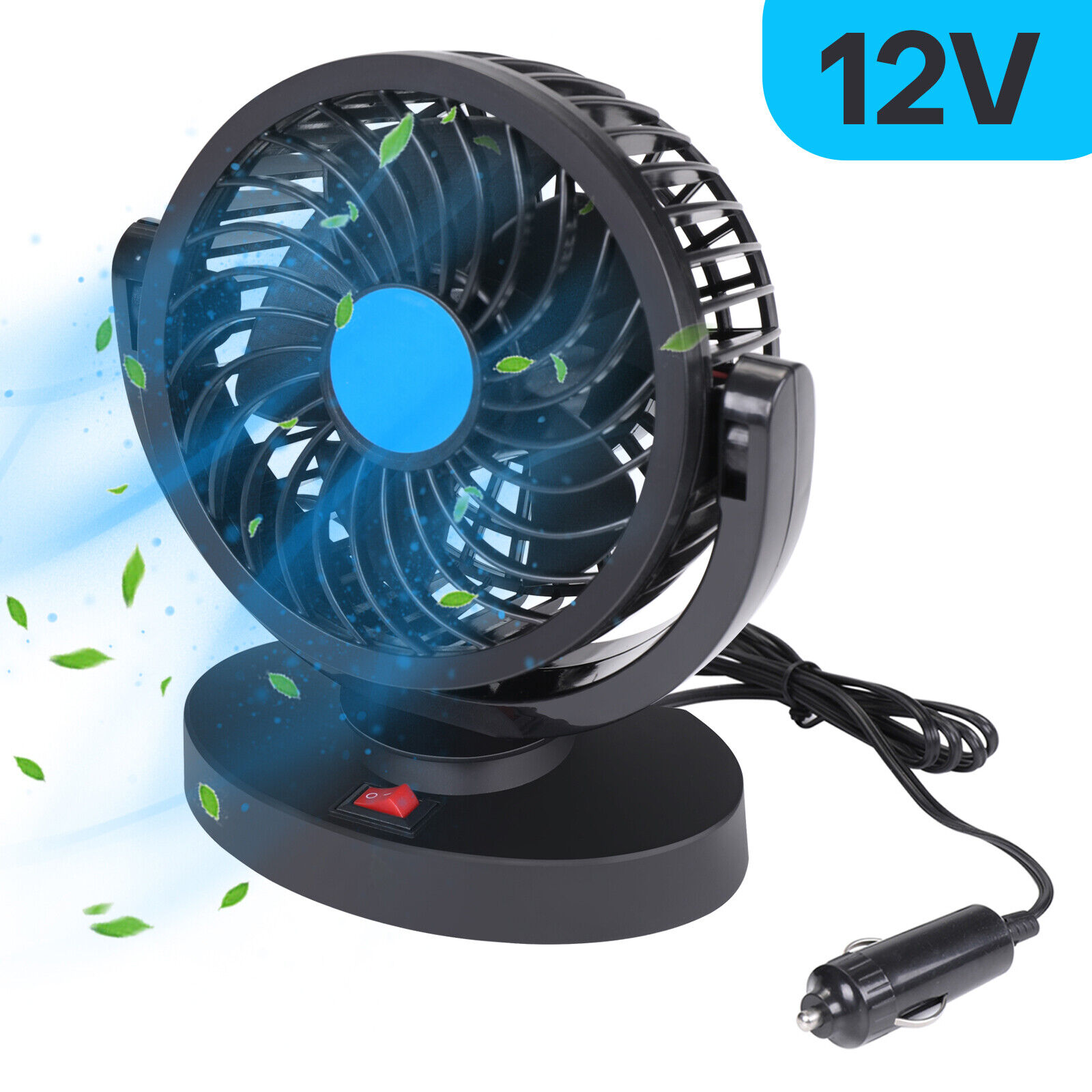 12V Powerful Car Cooling Fan High Speed 360° Rotatable Stick-on 5 Fan Blades