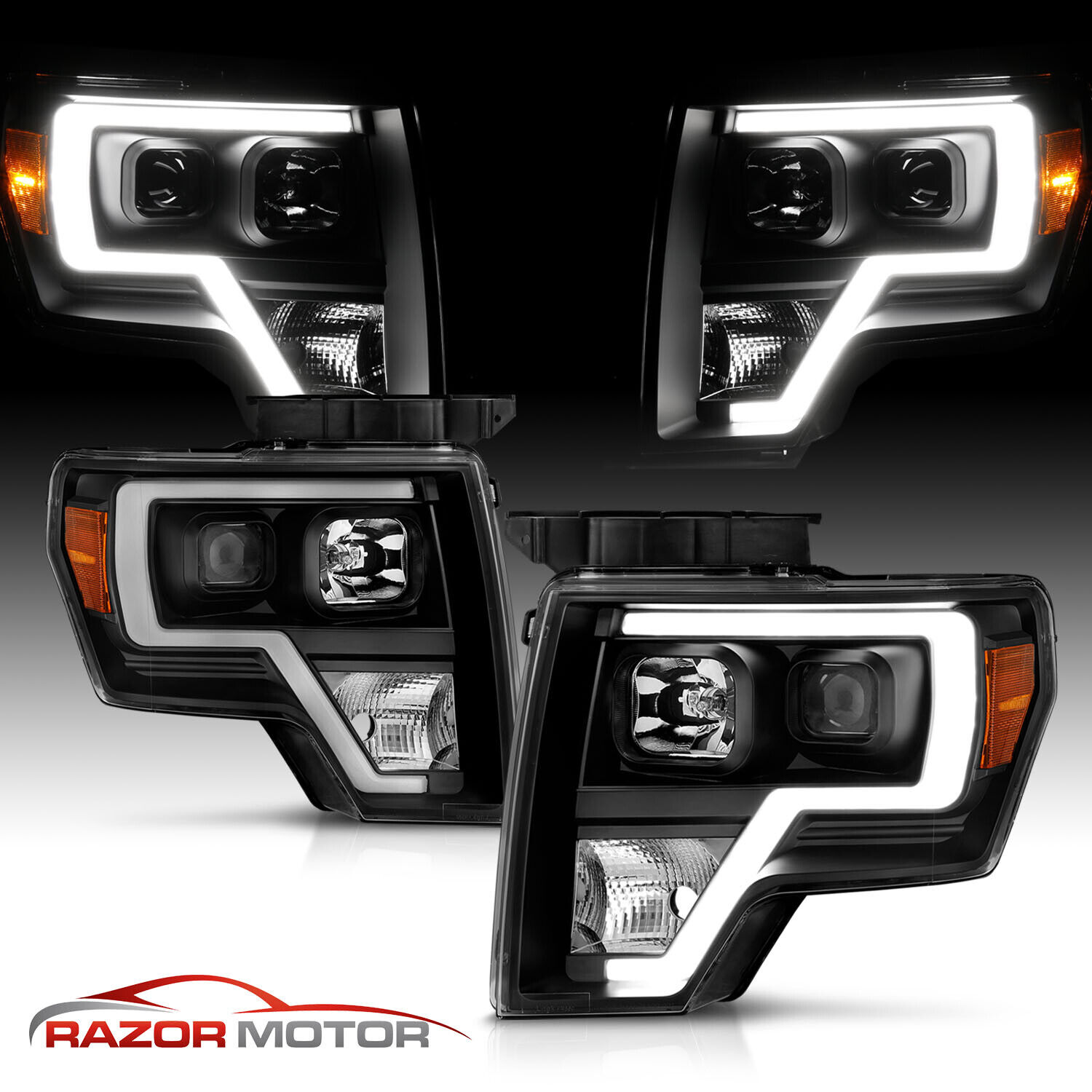 2009-14 Black Headlights pair For Ford F150 [LED Bar] Driver And Passenger