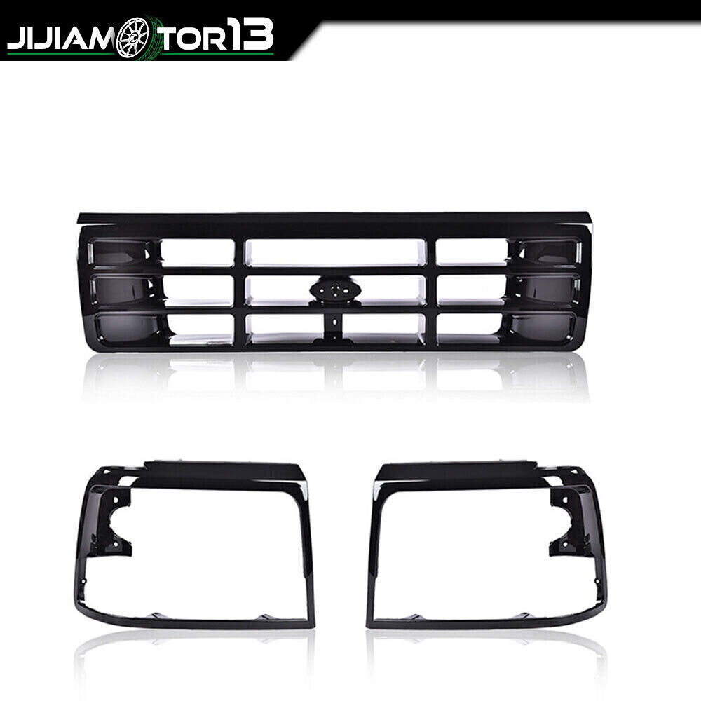 Fit For 92-96 Ford F150 F250 Bronco 3PCS Grille Headlight Door Black Grilles
