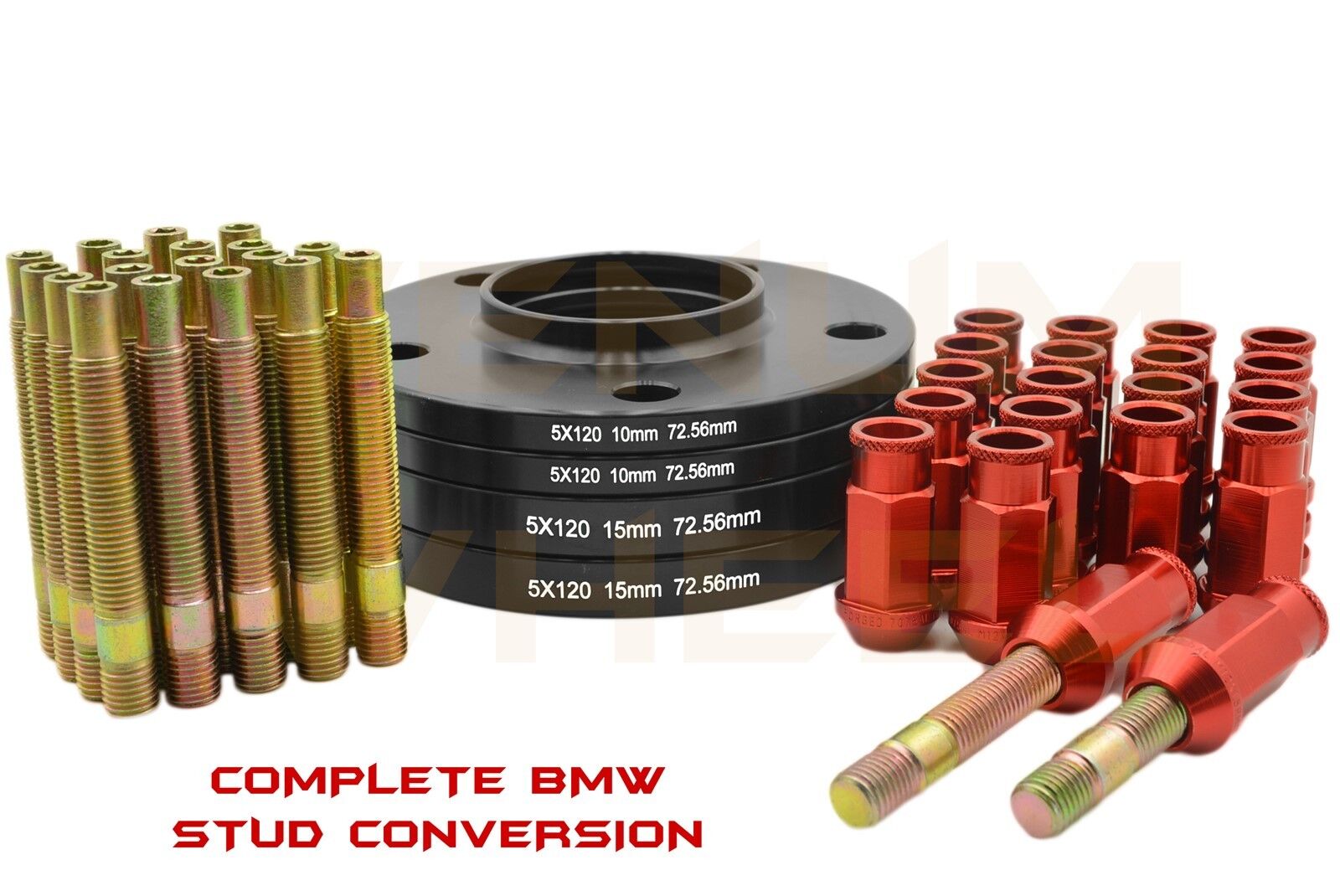 Bmw 10mm & 15mm Black Hub Centric Wheel Spacers + Stud Conversion Red Lug Nuts