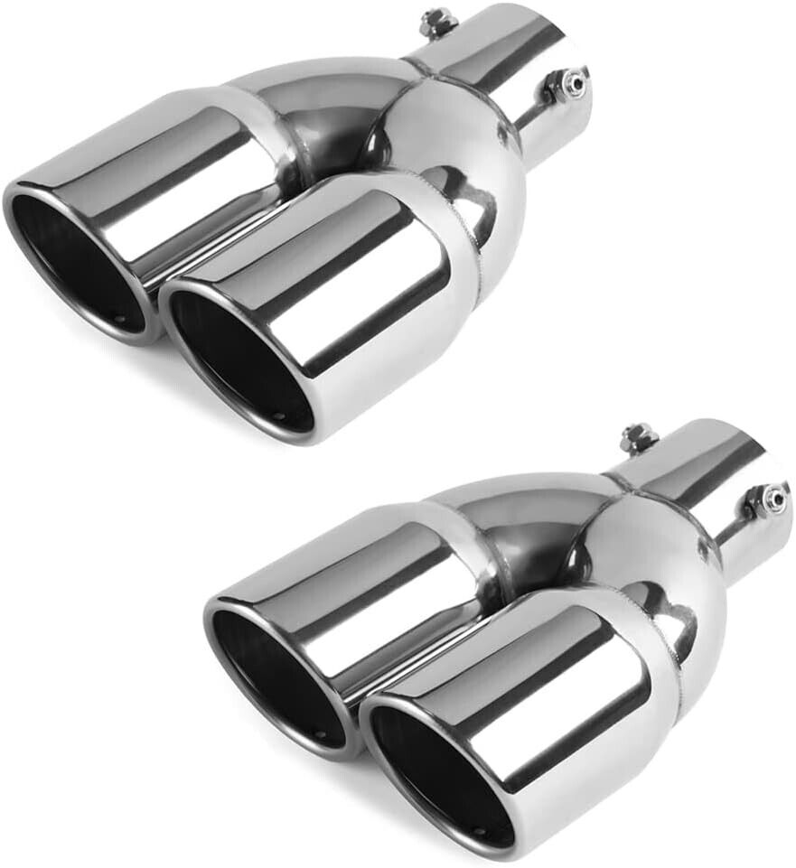 2x Universal 3''Outlet 8.3''Length Silver Stainless Steel Dual Exhaust Pipes Tip