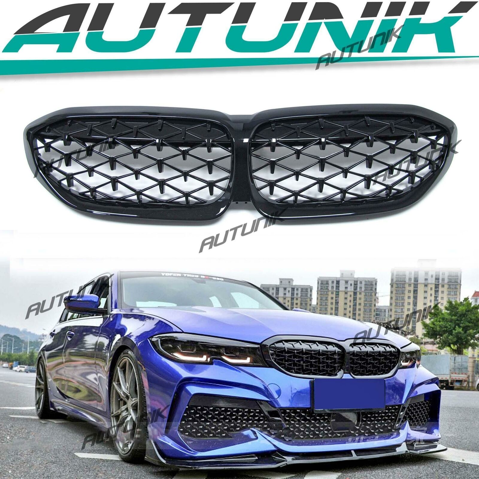 Gloss Black Diamond Front Kidney Grill Grille for BMW G20 330i M340i 2019-2022