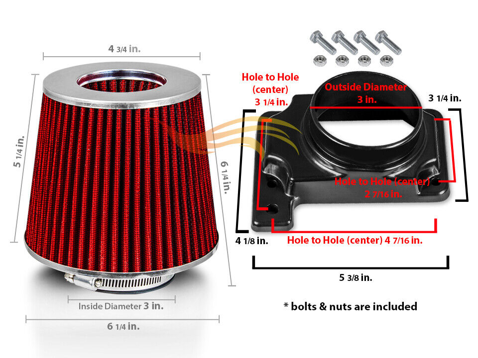 RED Cone Dry Filter + AIR INTAKE MAF Adapter Kit For 95-99 Eclipse Talon Turbo