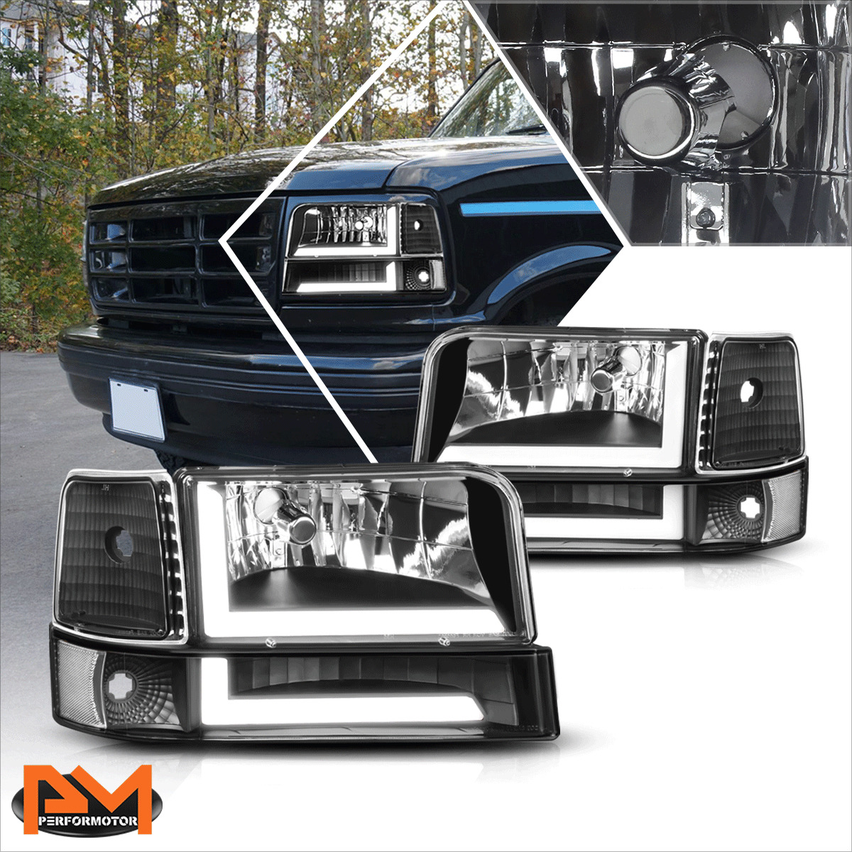 For 92-96 Ford F150-F350 6Pcs Dual L-Shape LED DRL Bumper Headlight Black/Clear