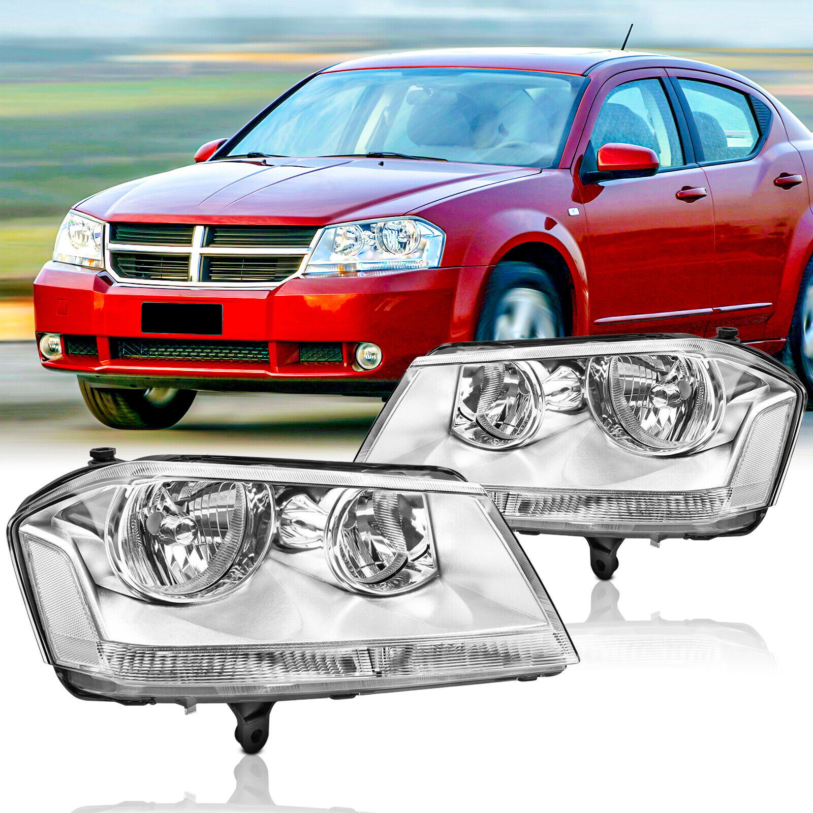 Chrome Clear 2008-2014 Dodge Avenger Headlights Headlamps Replacement Left+Right