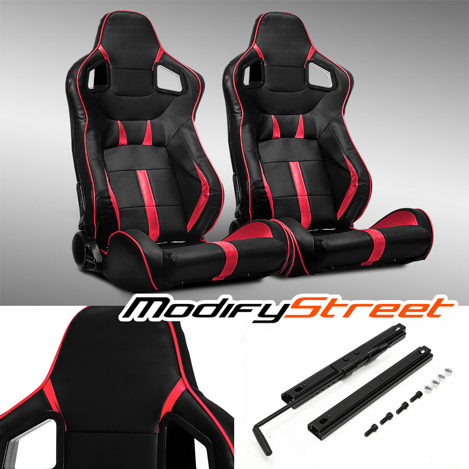 2 x BLACK/RED STRIP PVC LEATHER LEFT/RIGHT SPORT RACING BUCKET SEATS + SLIDER