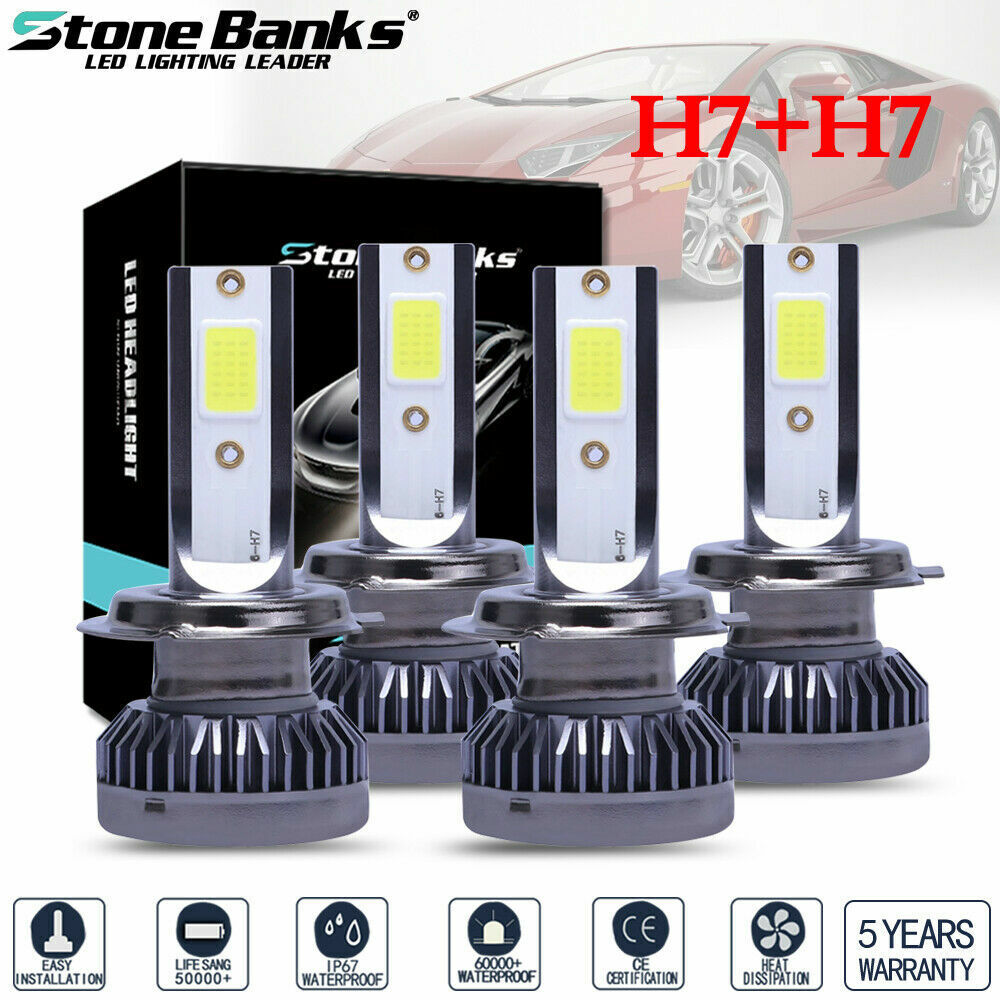 4PCS Mini H7 + H7 Combo COB LED Healight Bulbs High Low Beam 240W 52000LM 6000K