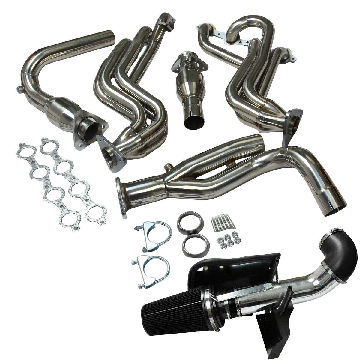 Fits GMC/Chevy 4.8/5.3 V8 Stainless Steel Exhaust Header+Y Pipe+COLD AIR INTAKE