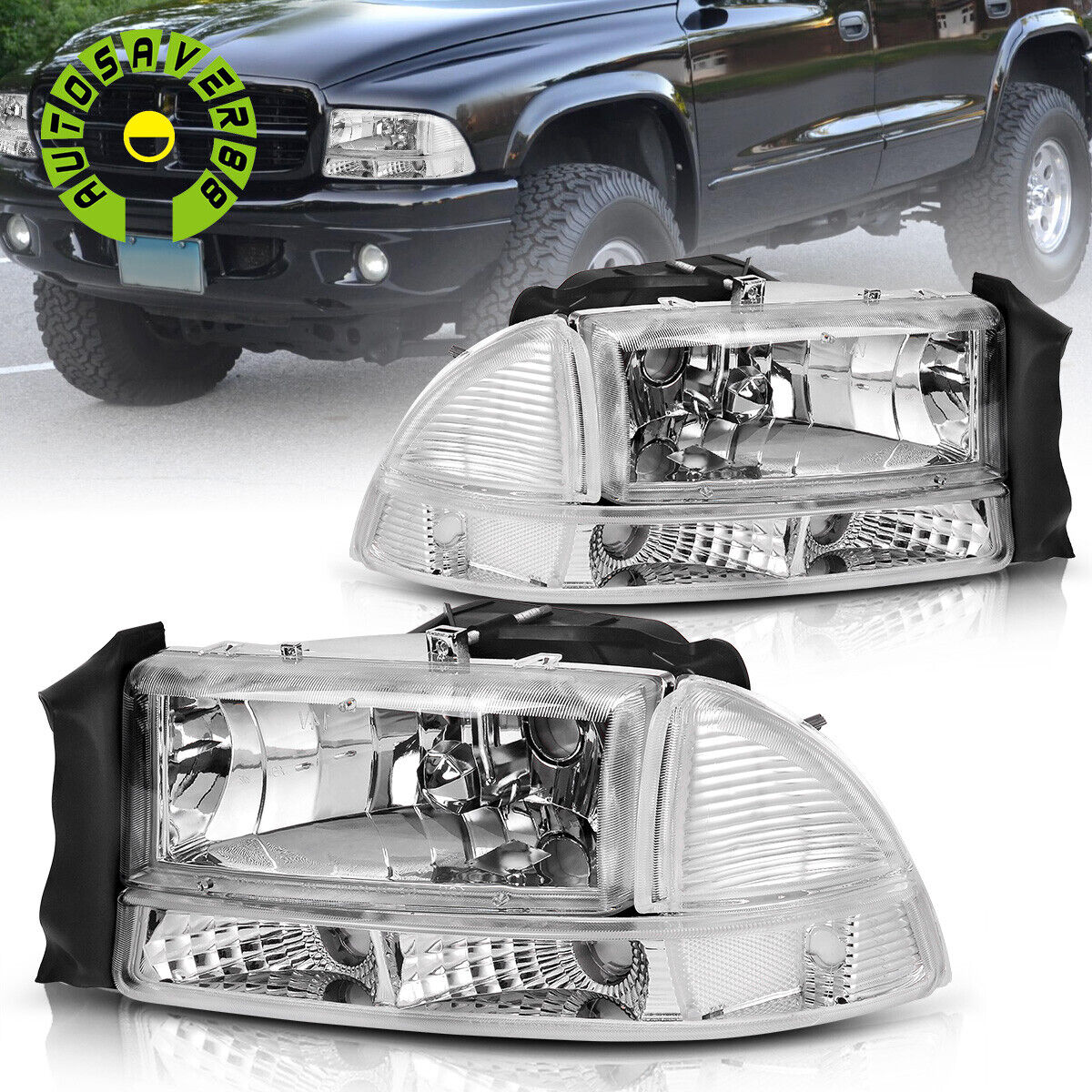 Headlights For 1998-2004 Dodge Dakota Durango Chrome Housing Clear Bumper Lamps
