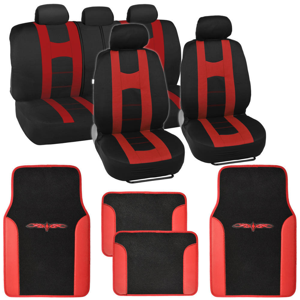 Complete Set Car Seat Covers and 2 Tone Vinyl Mats Black / Red Front and Rear