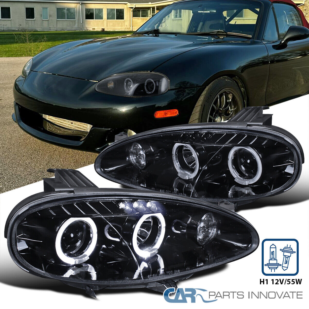 Glossy Black For 01-05 Mazda Miata MX5 Smoke LED Halo Projector Headlights Lamps