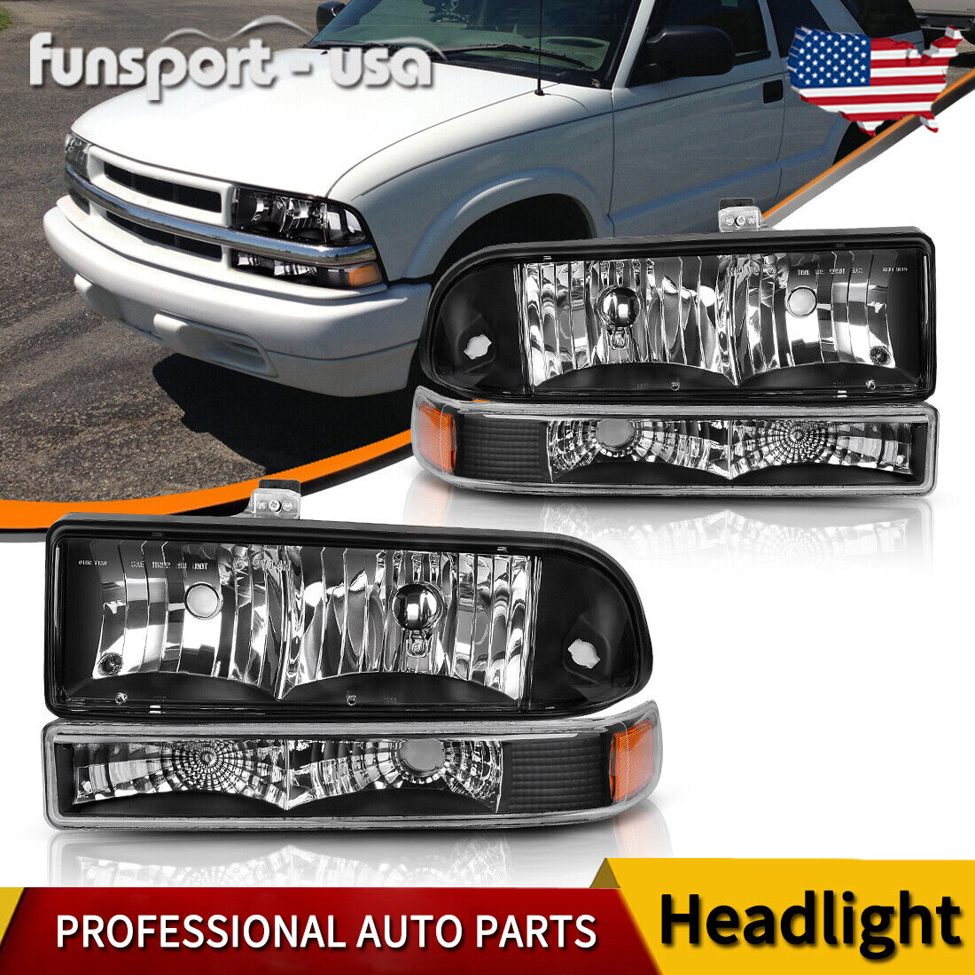For 1998-2004 Chevy Blazer S10 Black Housing Pair Amber Corner Headlight/Lamps