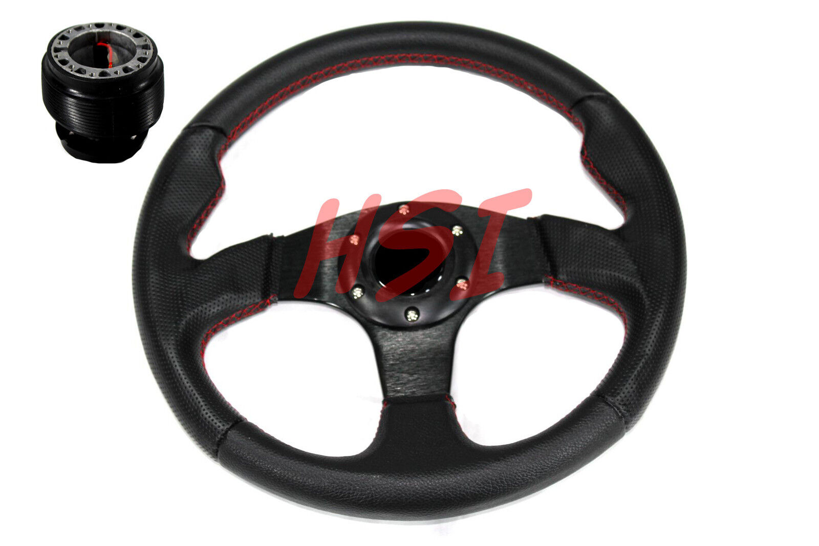For 88-91 Honda Civic Acura  Black on Black Steering Wheel w/Red Stitching Hub