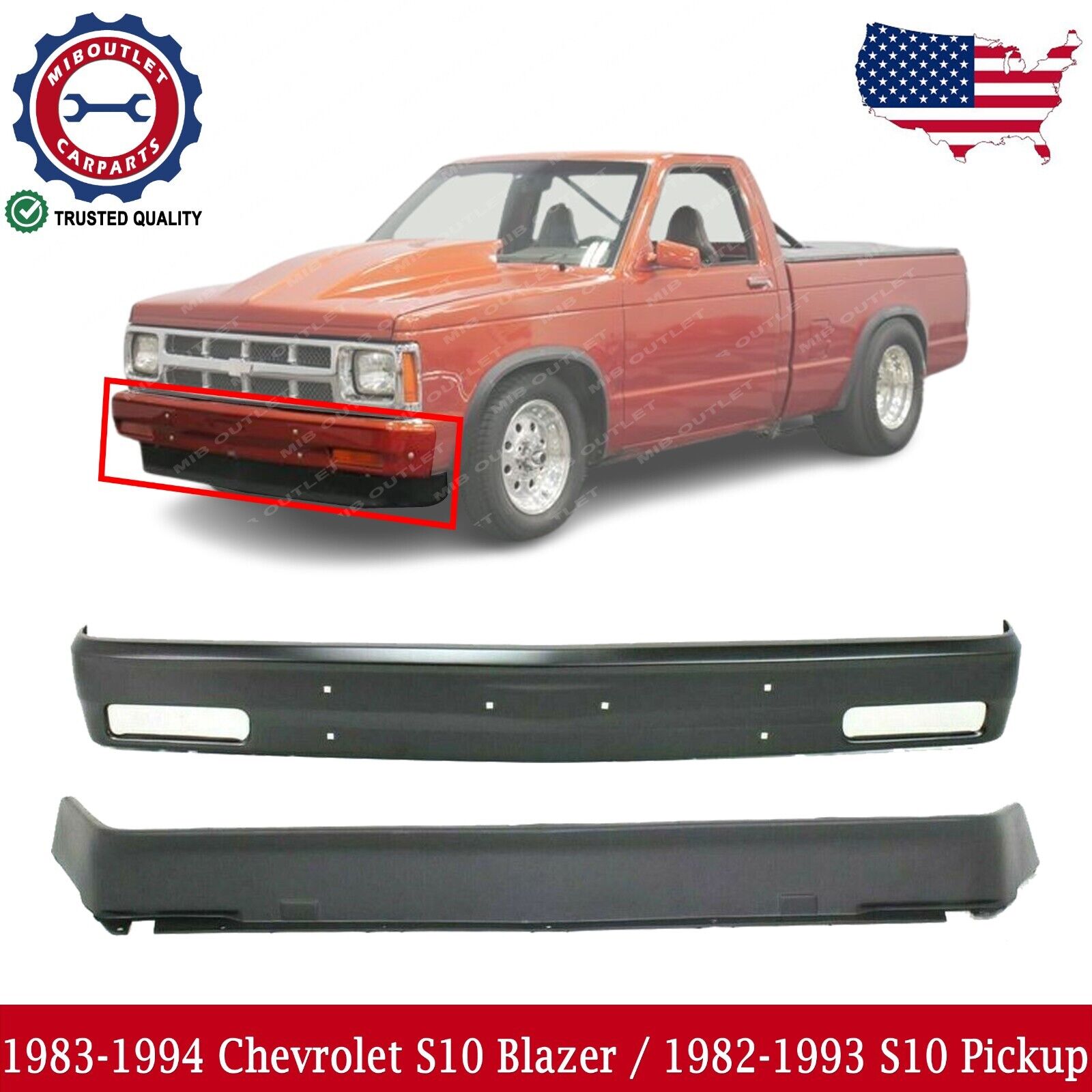 Front Bumper Primed + Valance For 83-94 Chevrolet S10 Blazer / 82-93 S10 Pickup