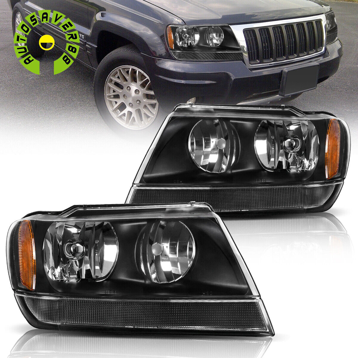 For 1999-2004 Jeep Grand Cherokee Black Amber Reflector Replacement Headlights