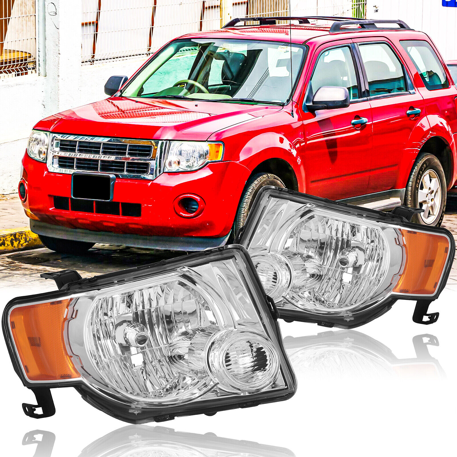 For 2008-2012 Ford Escape Chrome Headlights Headlamps Assembly Pair With Bulbs