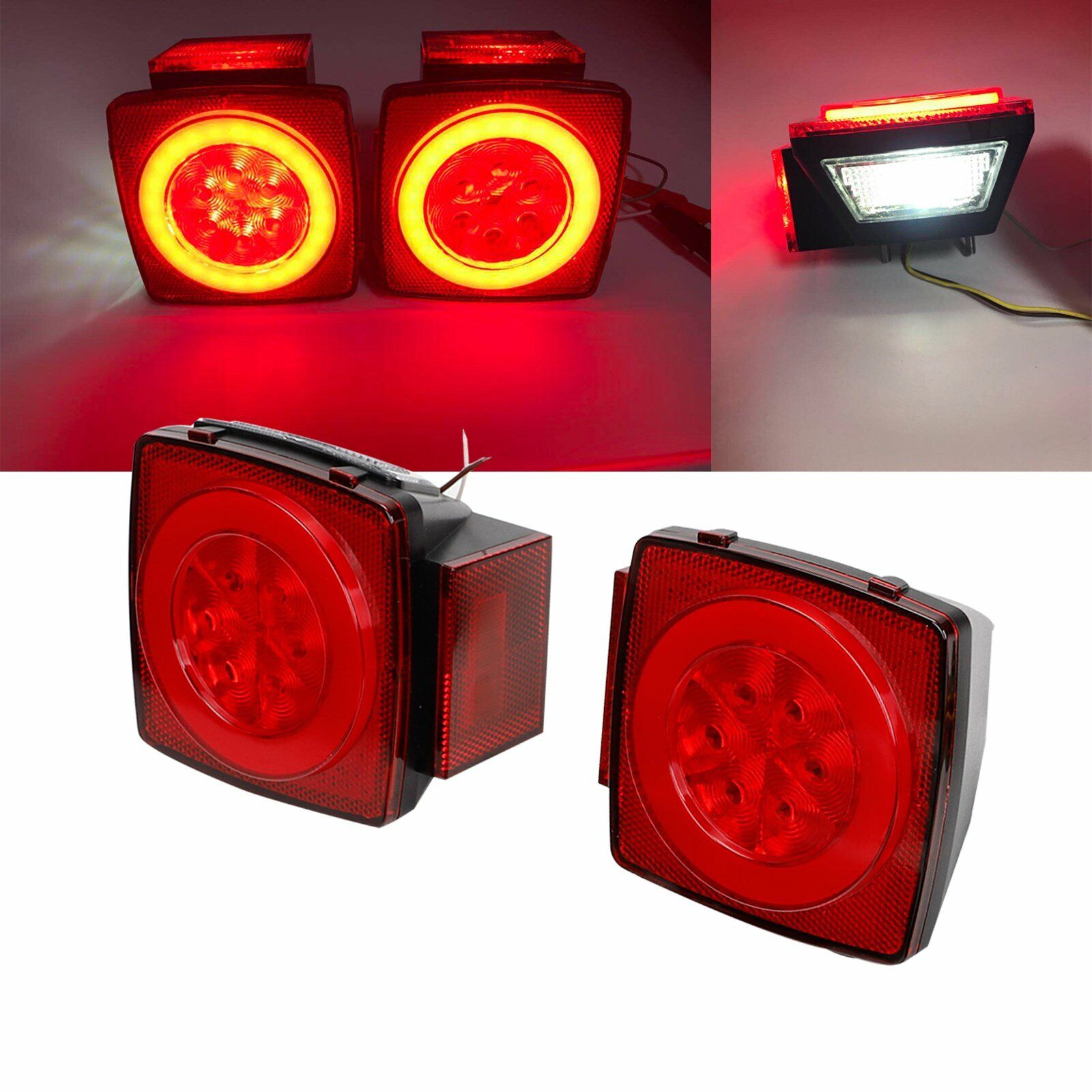 Pair Red LED Submersible Stop Brake Trailer Tail Lights Square 80