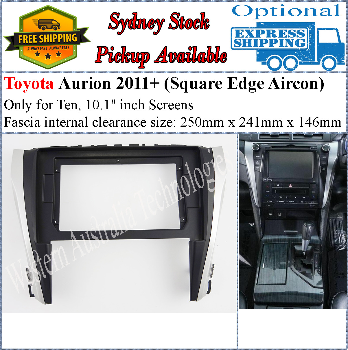 For 10 Ten Inch Screen Fascia facia Fits Toyota Aurion 2011+ Square Aircon-