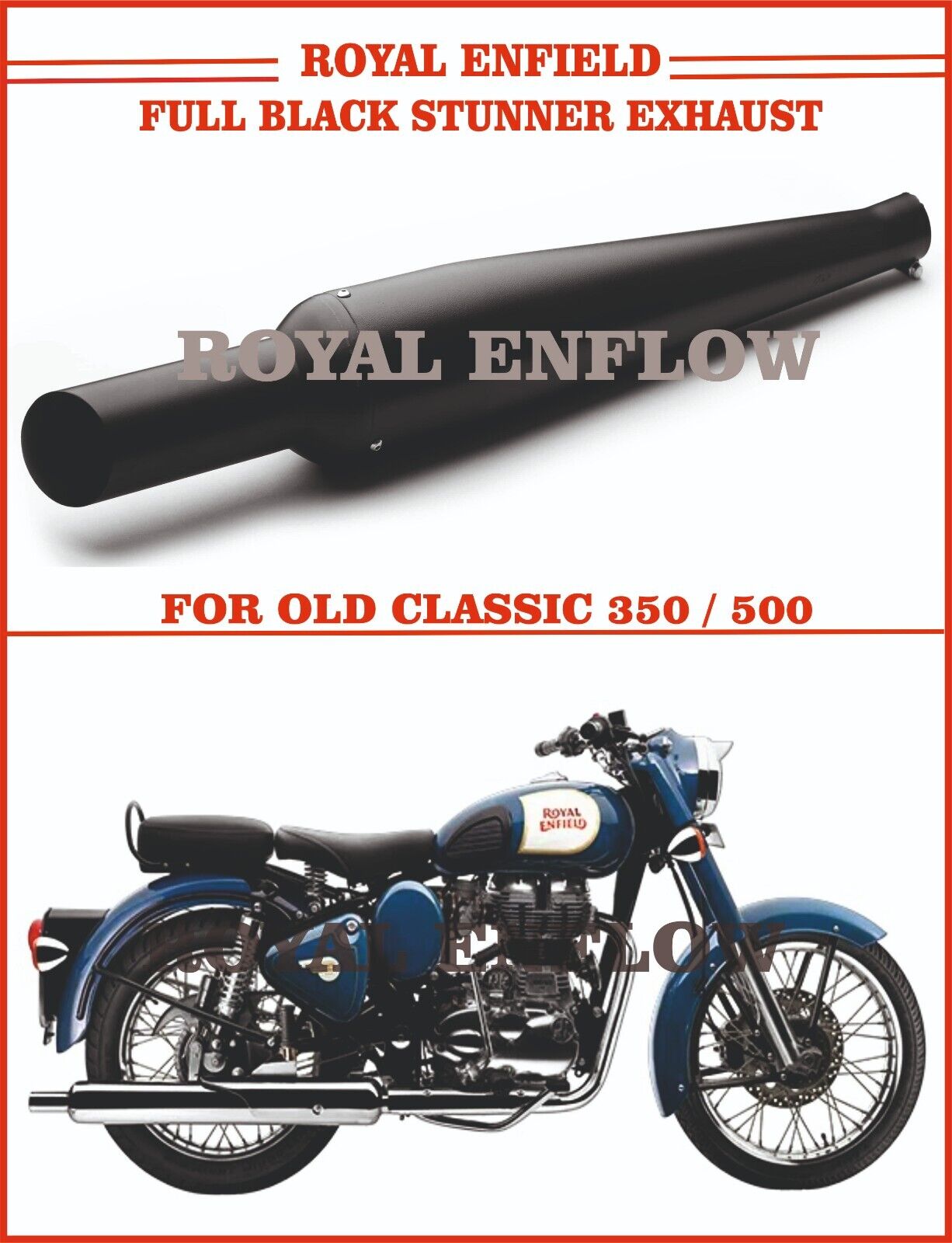 Royal Enfield Full Black Stunner Exhaust for Old Classic 350/500 - Exp Ship