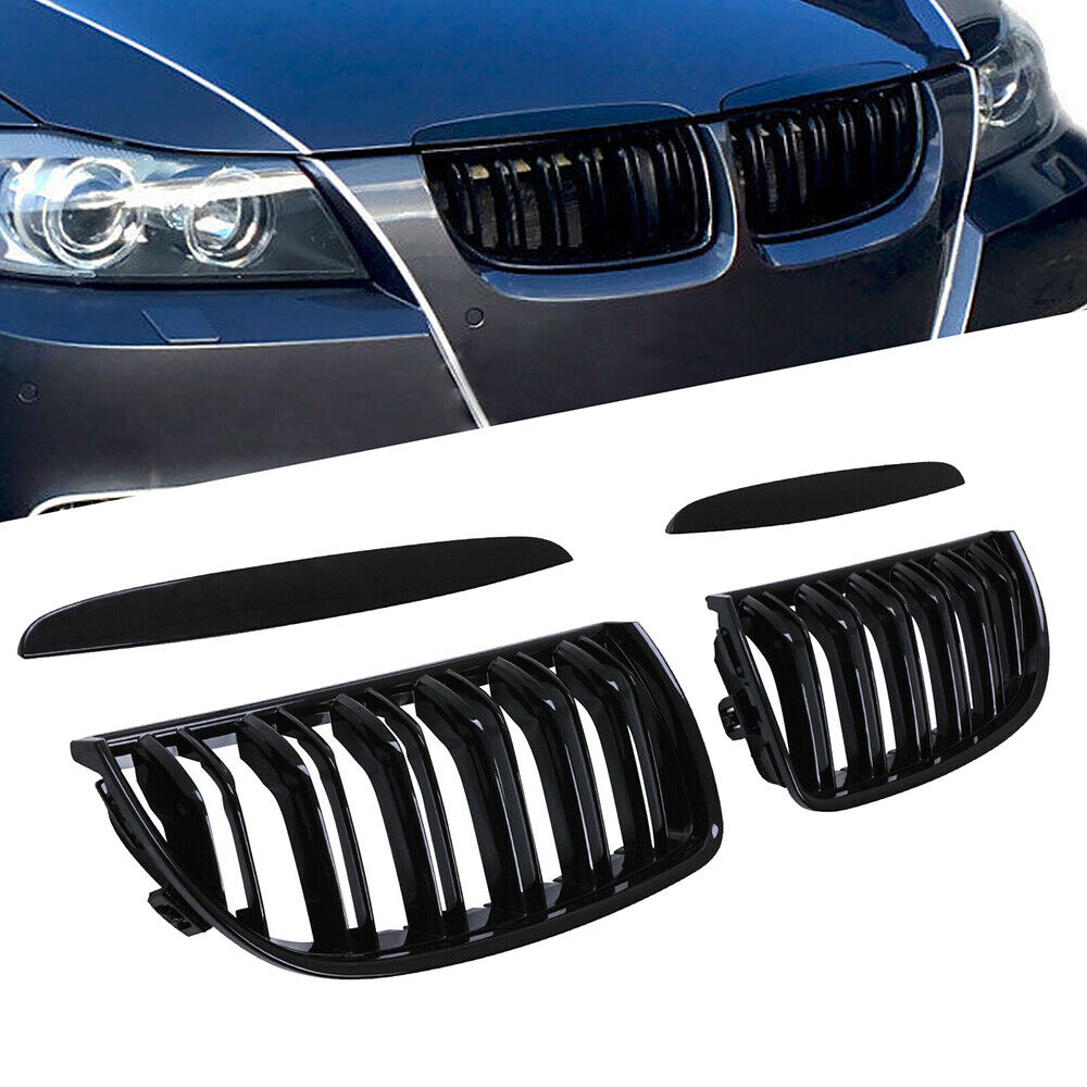 For BMW 3 Series 2005-08 E90 E91 Dual Slat Gloss Black Front Kidney Grill Grille