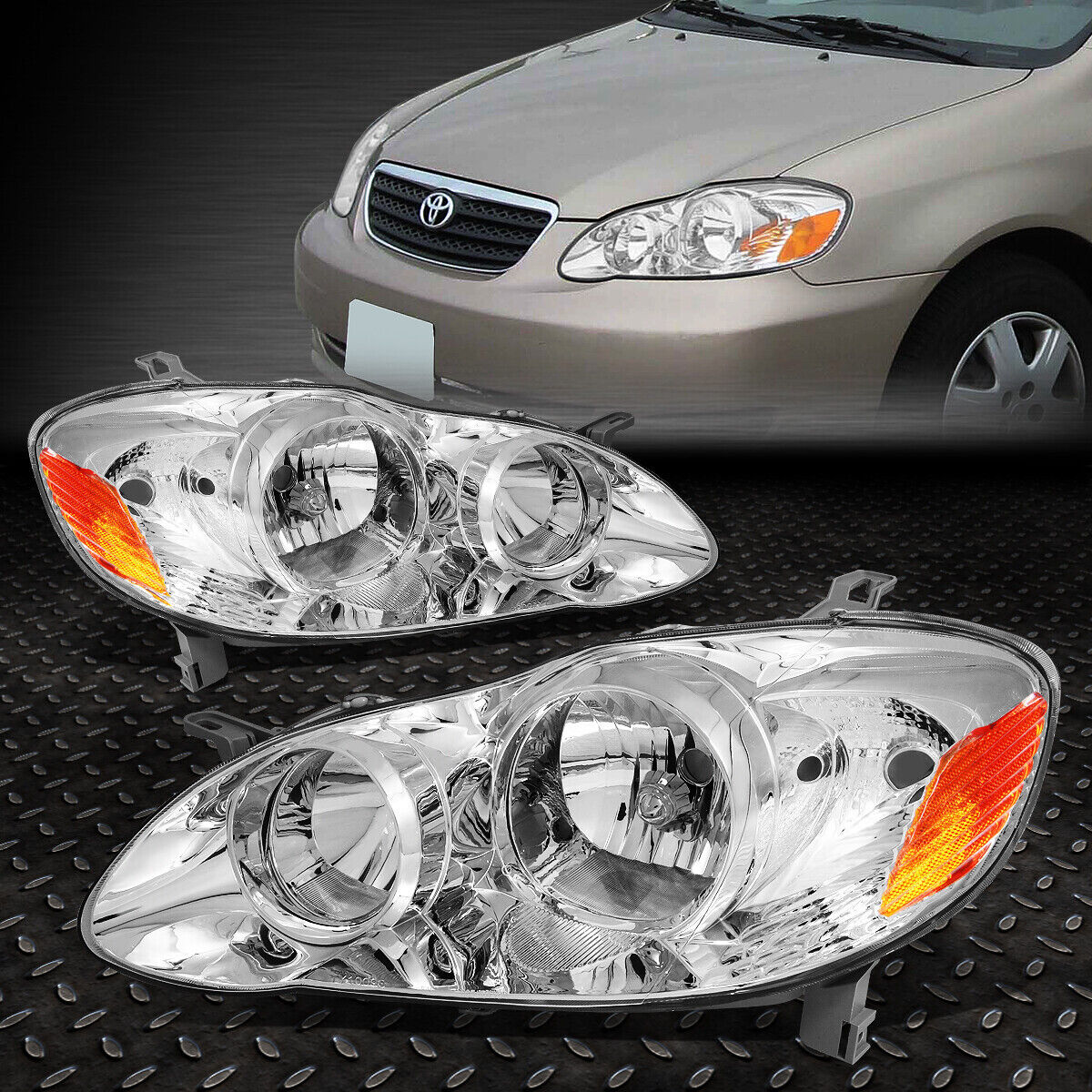 FOR 03-08 TOYOTA COROLLA CHROME HOUSING AMBER CORNER HEADLIGHT REPLACEMENT LAMPS