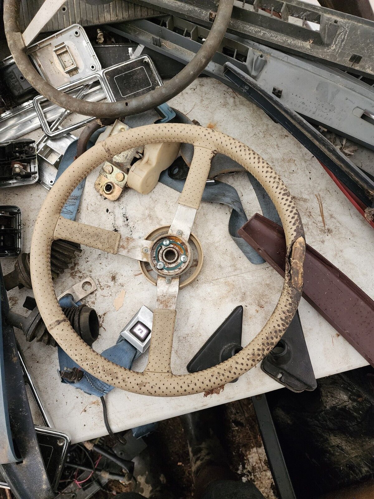 86-92 Jeep Comanche Cherokee Oem Tan 3 Spoke Leather Wrapped Steering Wheel...