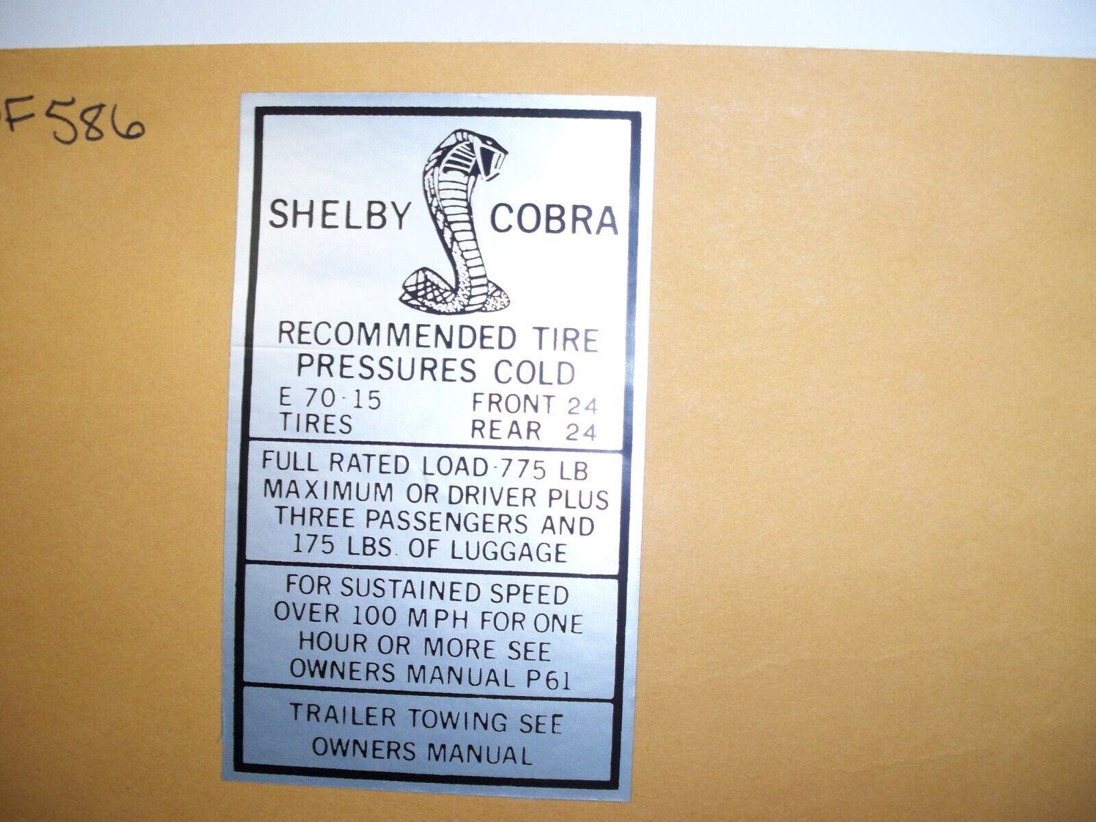 Shelby Cobra Tire Pressure Decal d586 $9.95