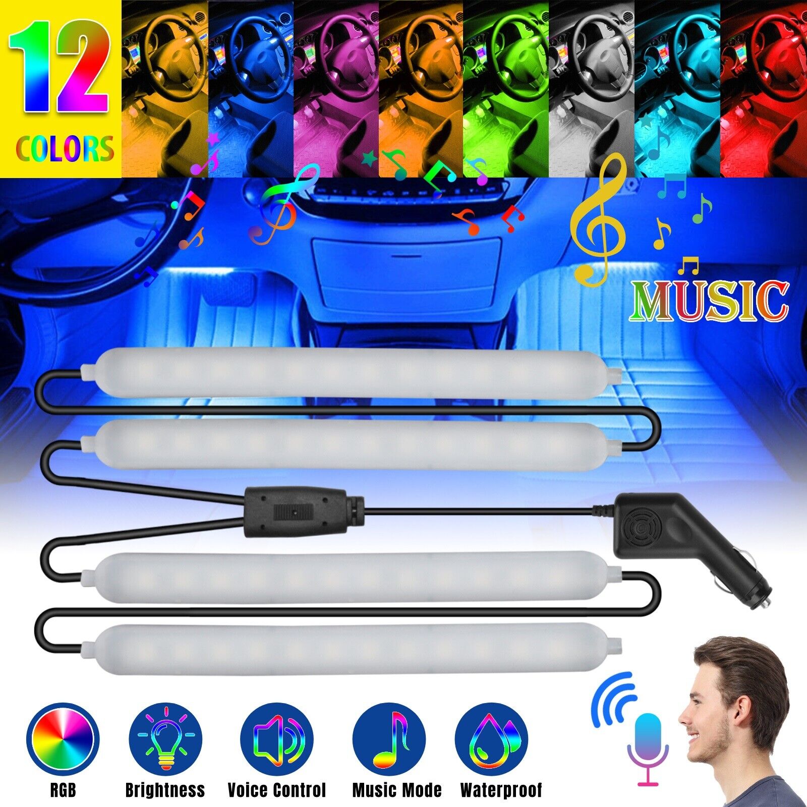 4pcs 48 LED Strip RGB Car Interior Floor Atmosphere Neon Light Kit Voice Control