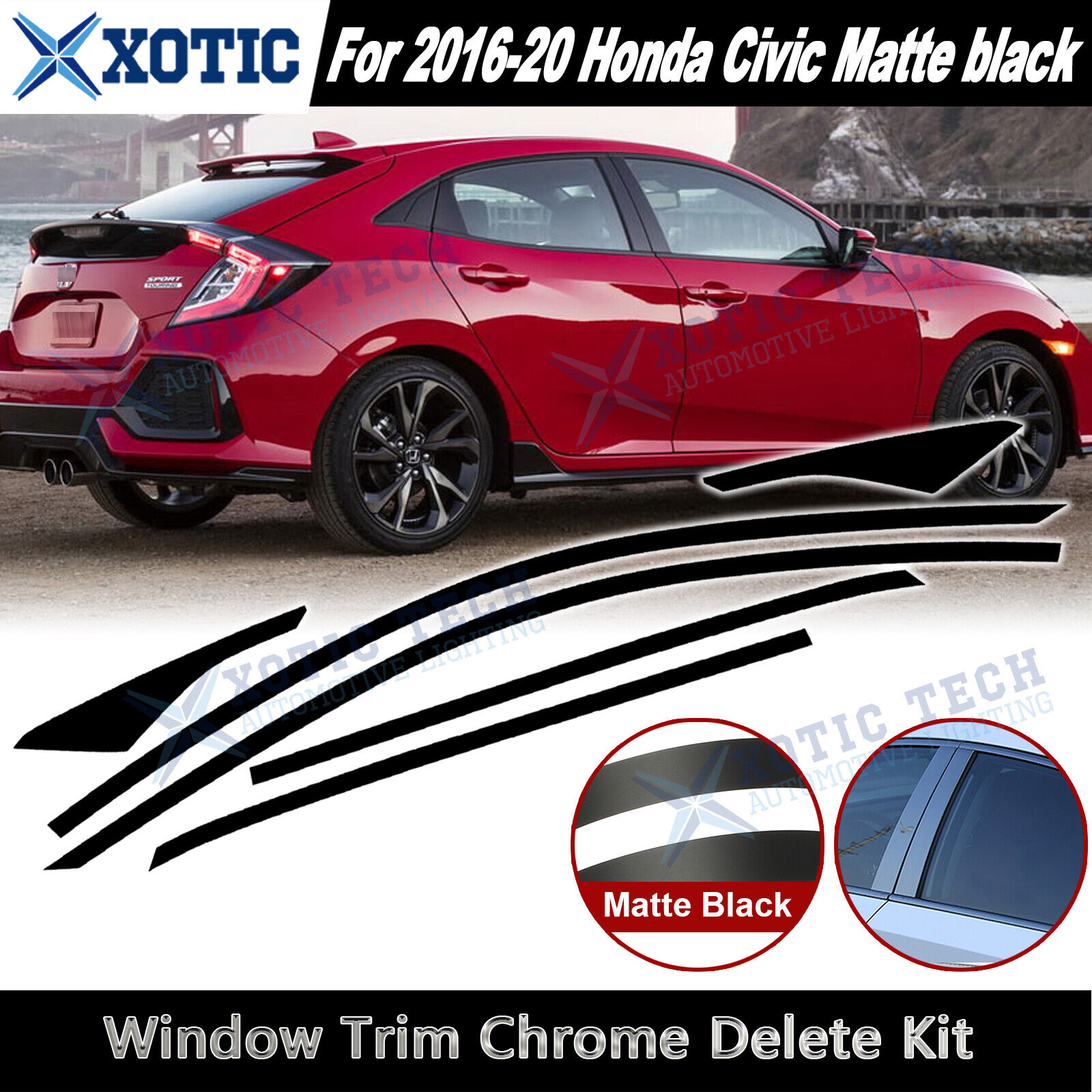 Fit 2016-2021 Civic Hatchback Window Trim Chrome Delete Blackout KK Matte Black