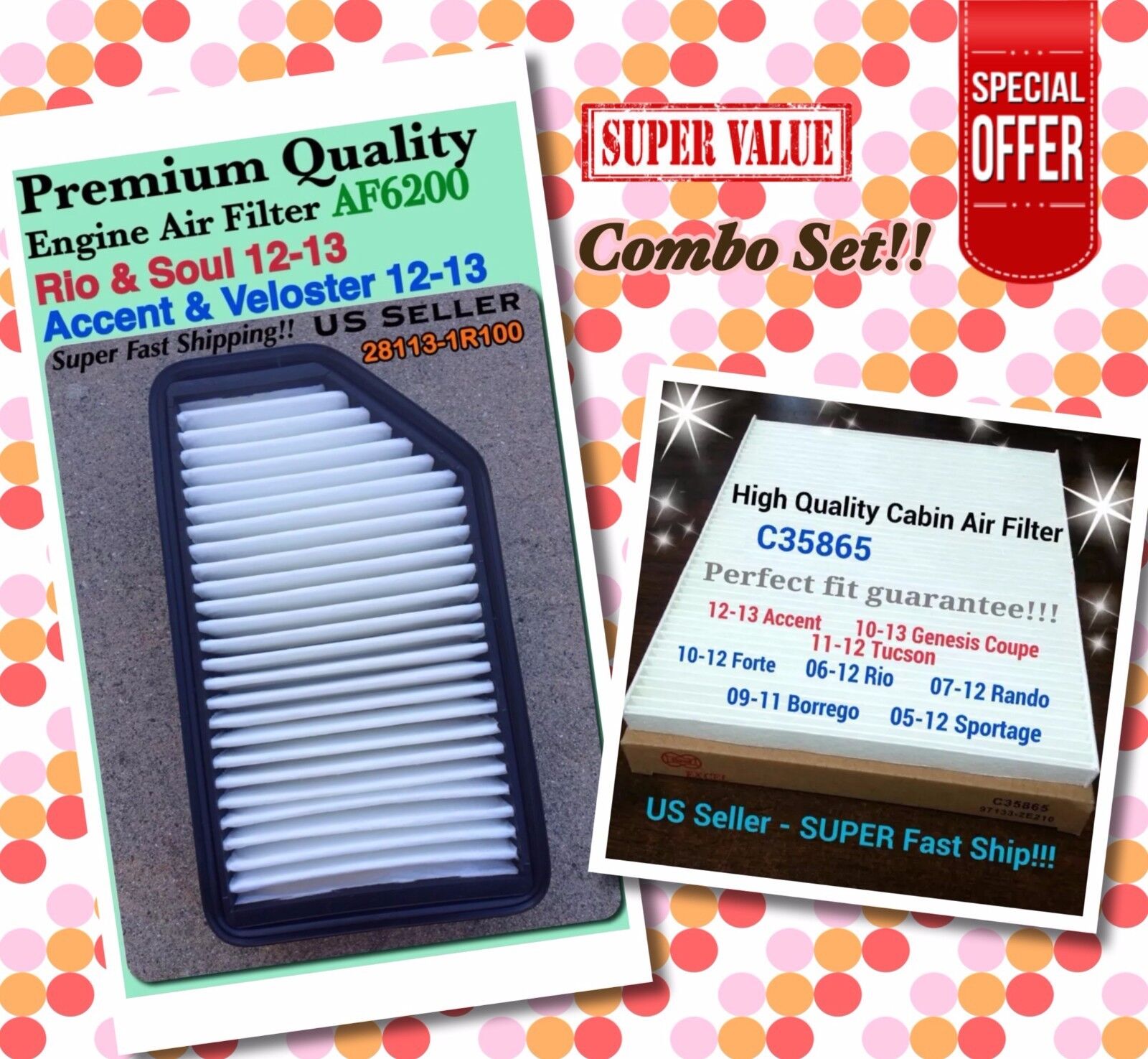 AF6200 C35865 Engine & Cabin Air Filter For 2012-2017 Accent Veloster & KIA Rio