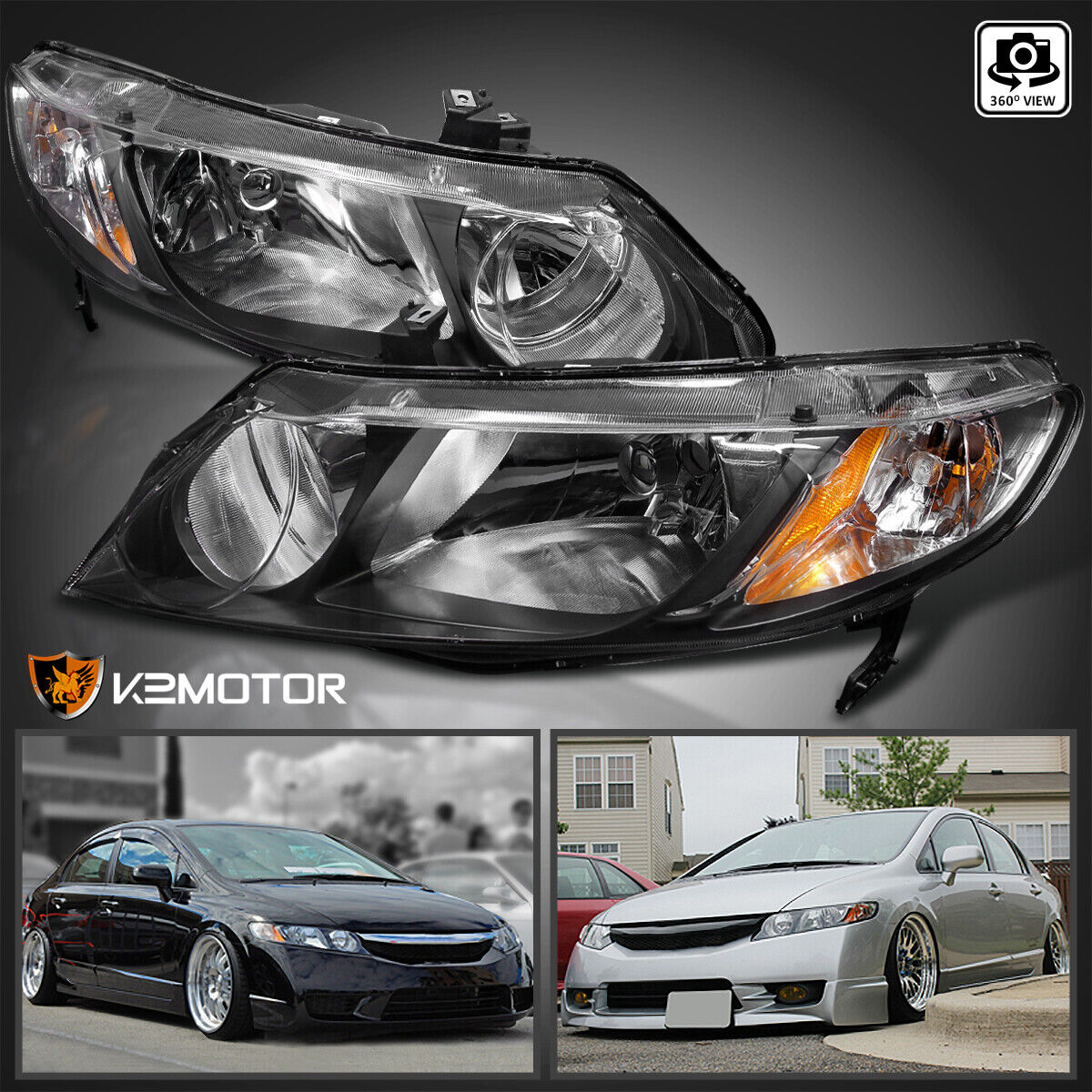 For 2006-2011 Honda Civic Sedan 4Dr Replacement Black Headlights Left+Right Pair