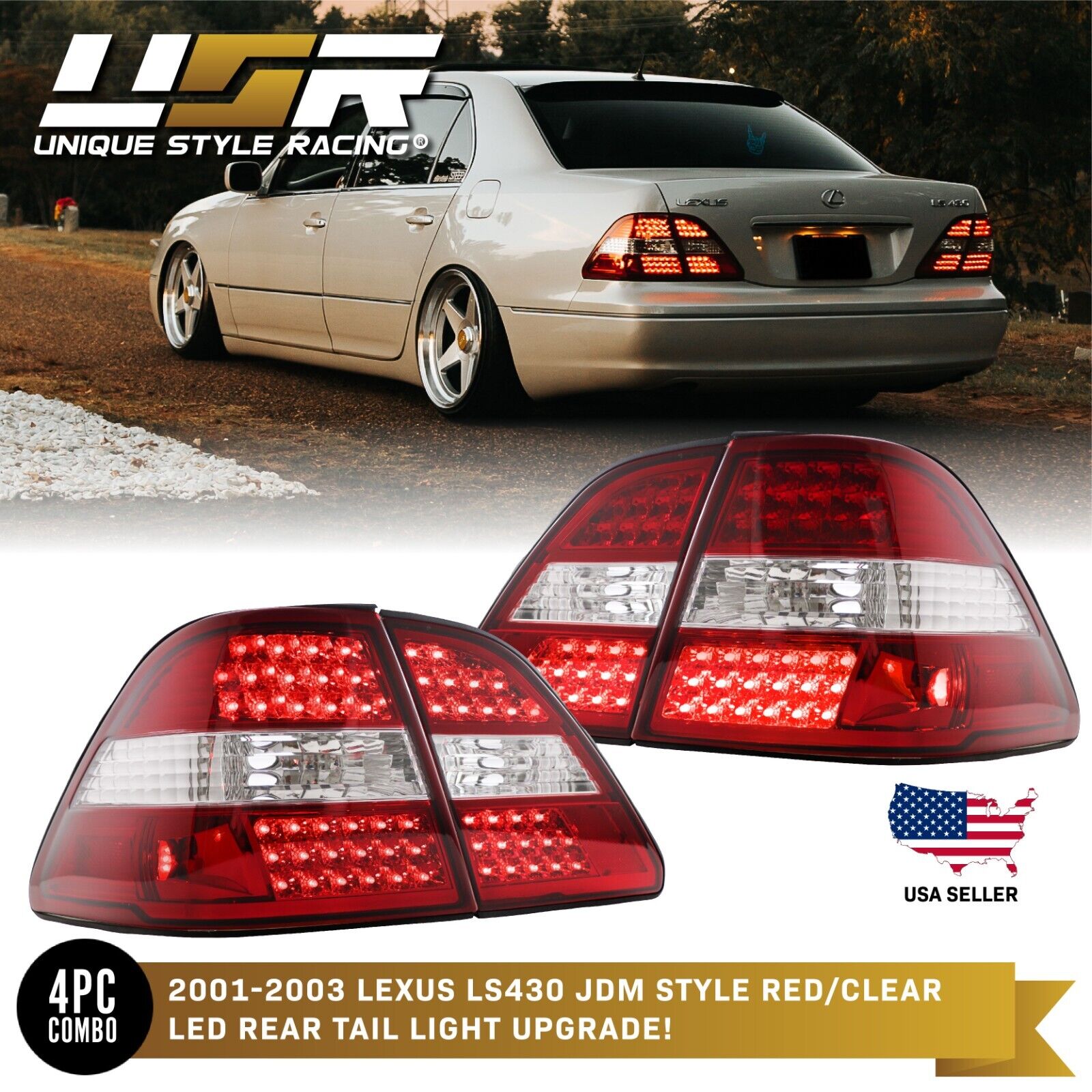 JDM Style LED Upgrade Red/Clear 4 Pc Tail Light For 2001-2003 Lexus LS430 LS 430