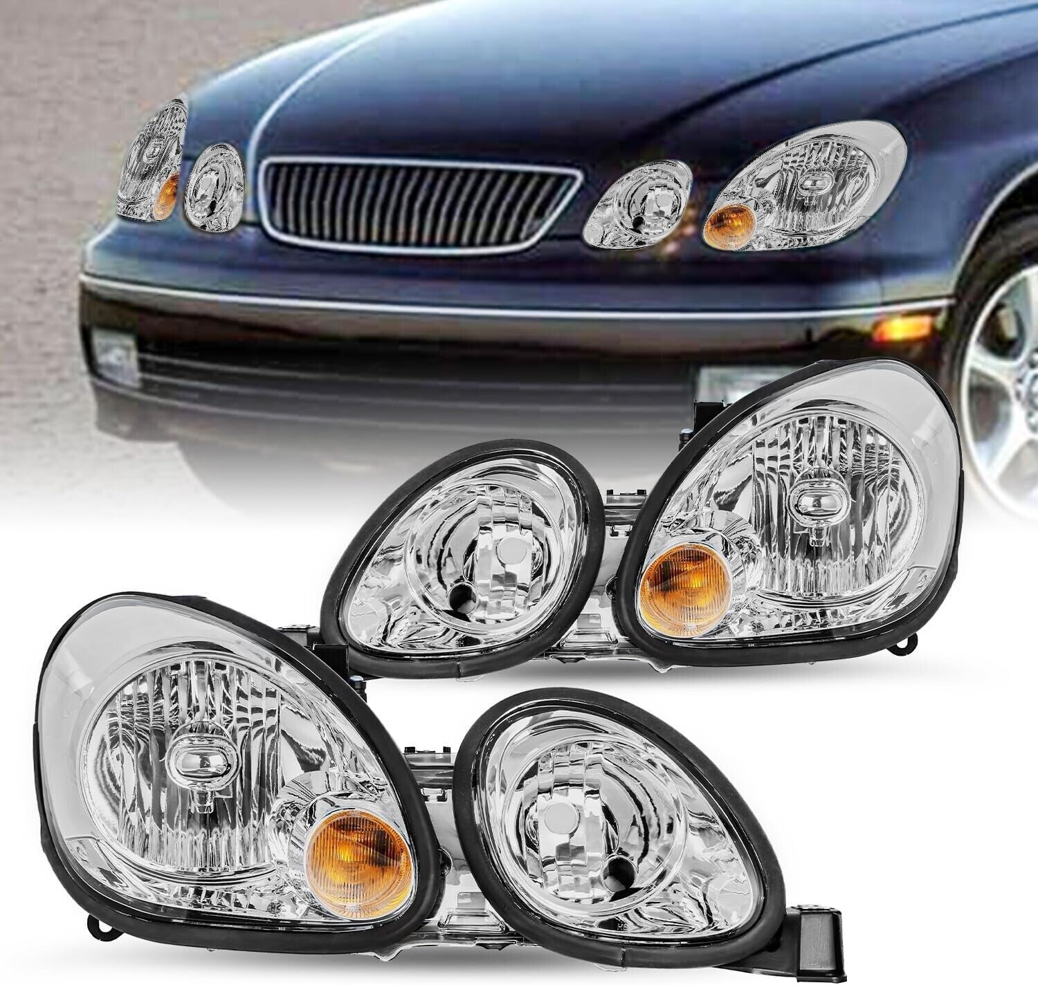 For 1998-2005 Lexus GS300 GS400 Shine Chrome Housing Halogen Headlights Lamps