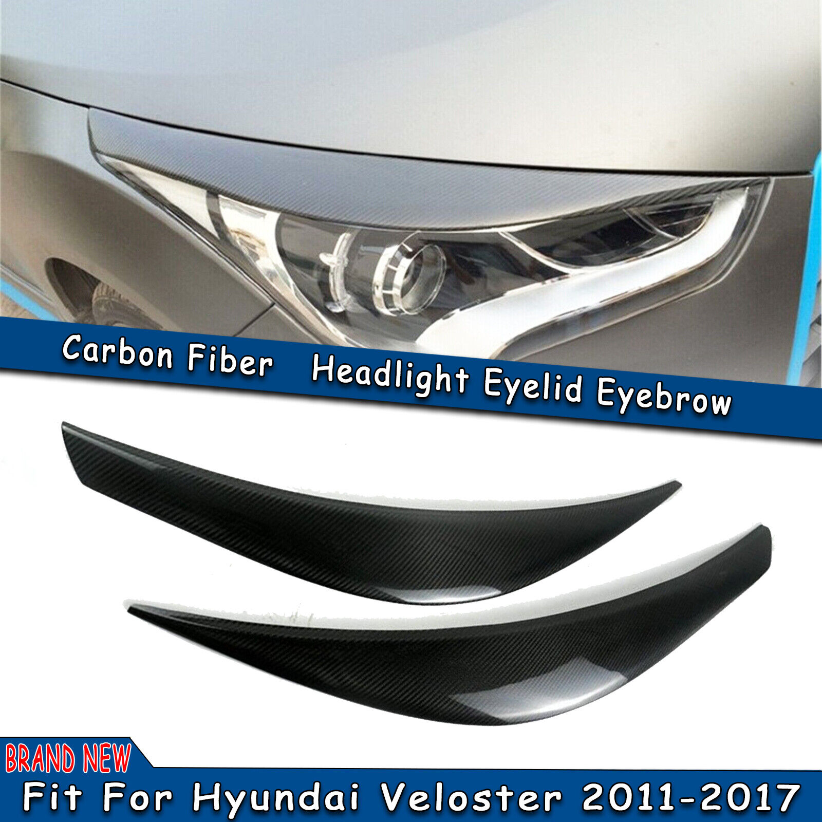 Black Carbon Fiber Headlight Eyelid Trim Cover For Hyundai Veloster 2011-2017