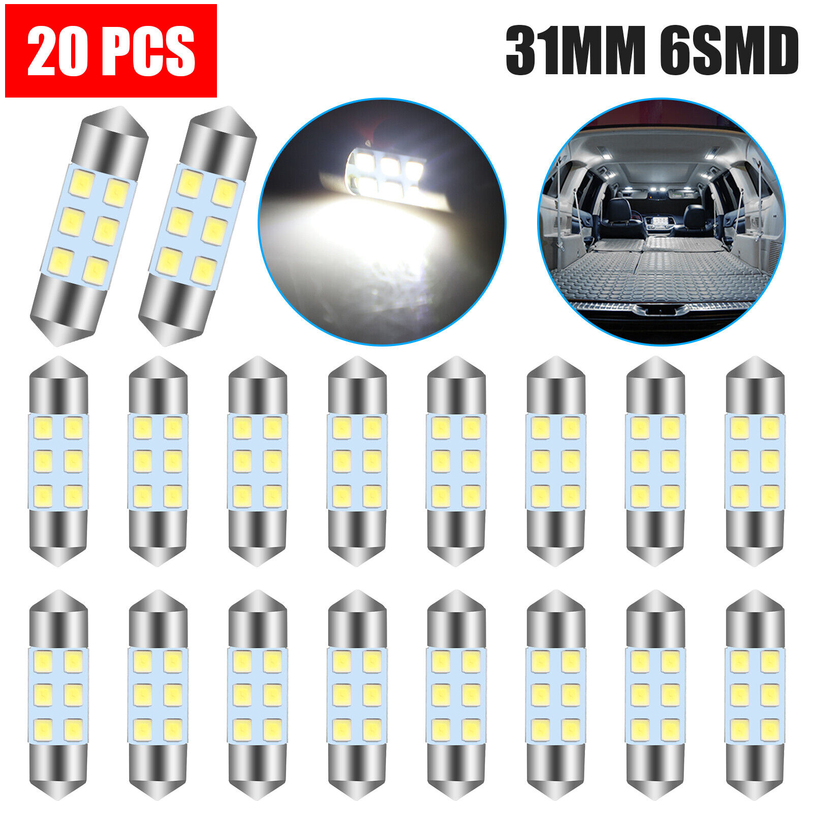 20X 31MM DE3175 6-SMD LED Interior Dome Map License Plate Light Bulbs White 12V