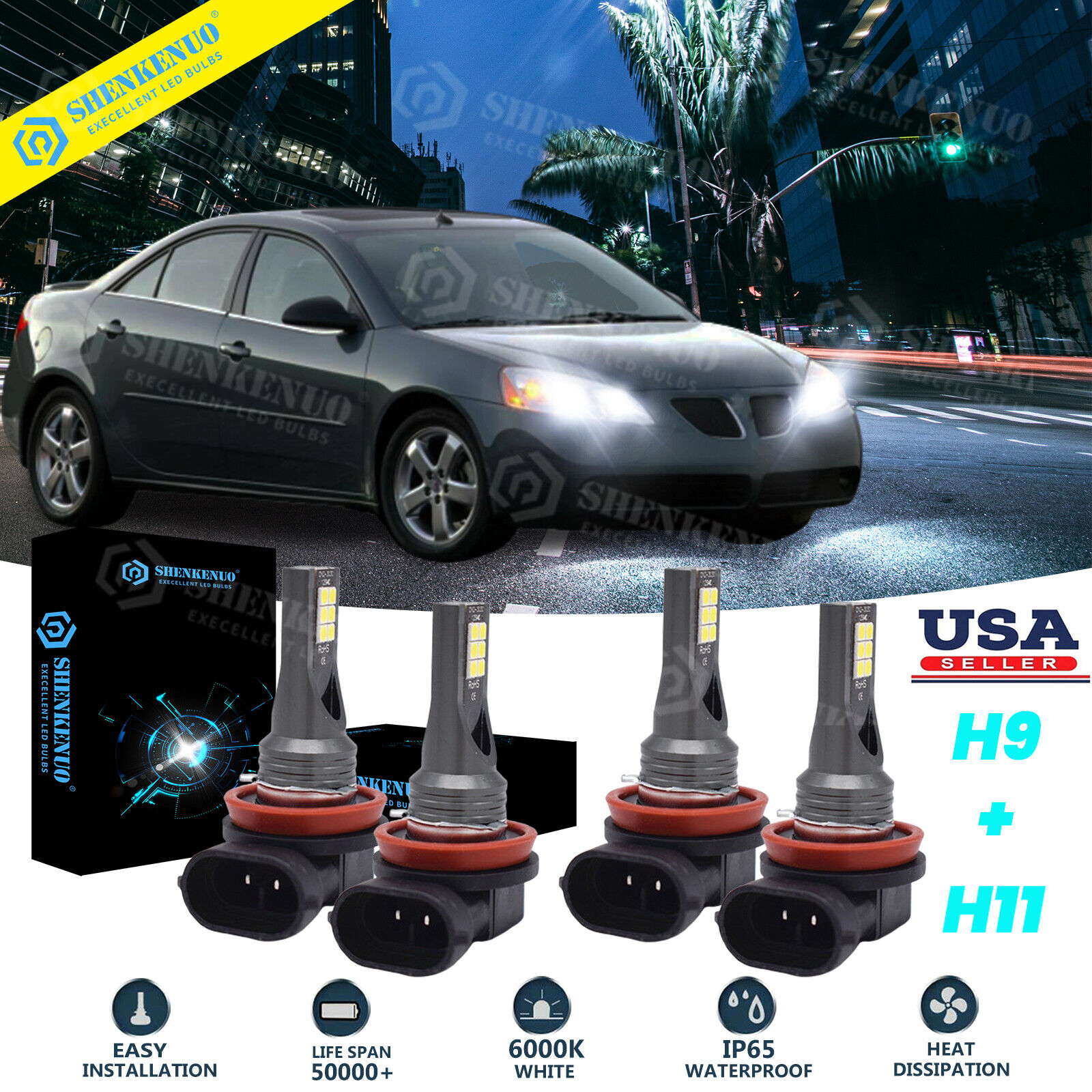 For Car G6 2005-2010 LED Headlight Bulbs Kit H9+H11 High Low Beam 6000K BOYU