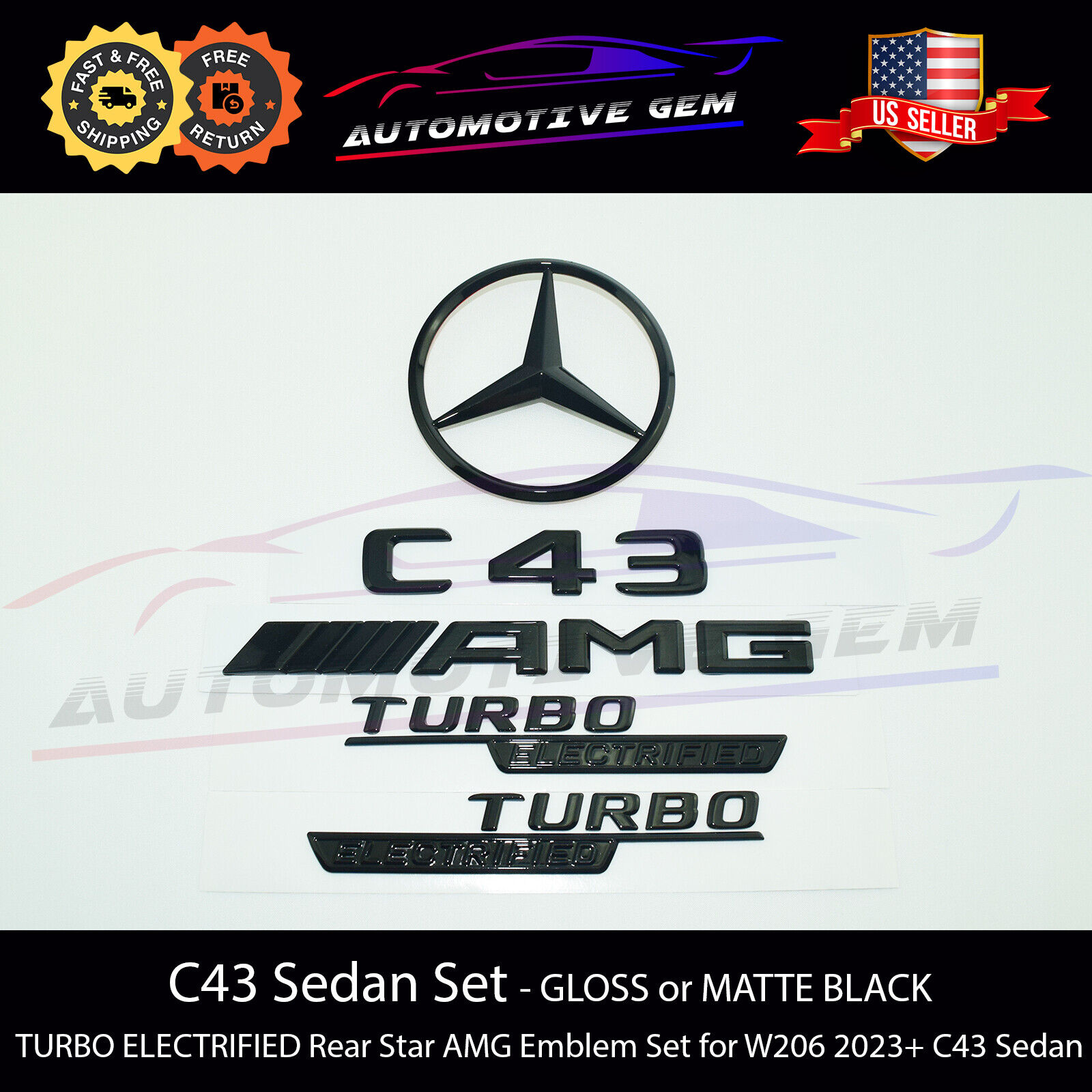 C43 AMG Sedan TURBO ELECTRIFIED Rear Star Emblem Black Badge Set Mercedes W206