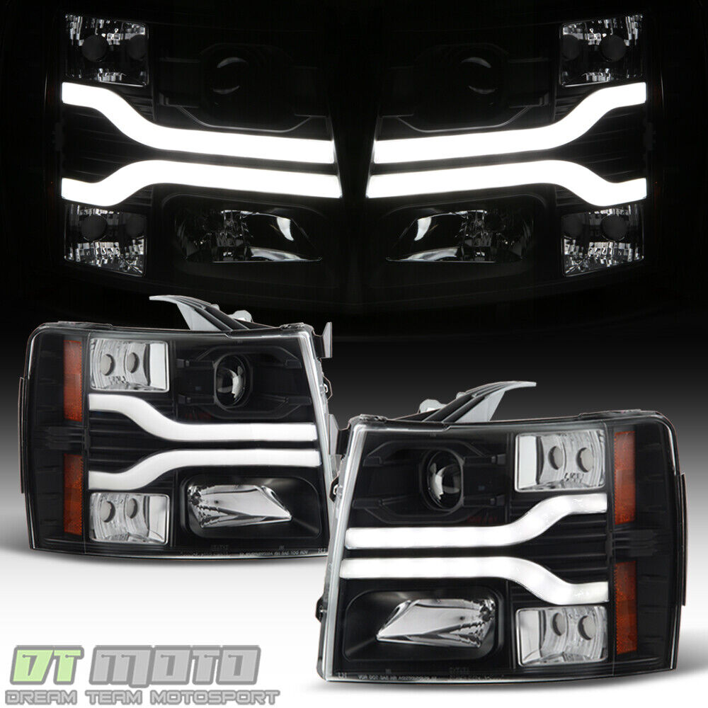 Black 2007-2013 Chevy Silverado 1500 LED DRL Tube Projector Headlights Headlamps
