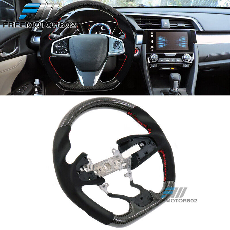 Fits 16-21 Civic Gen 10th Carbon Fiber Alcantara Steering Wheel W/ Red Stitch